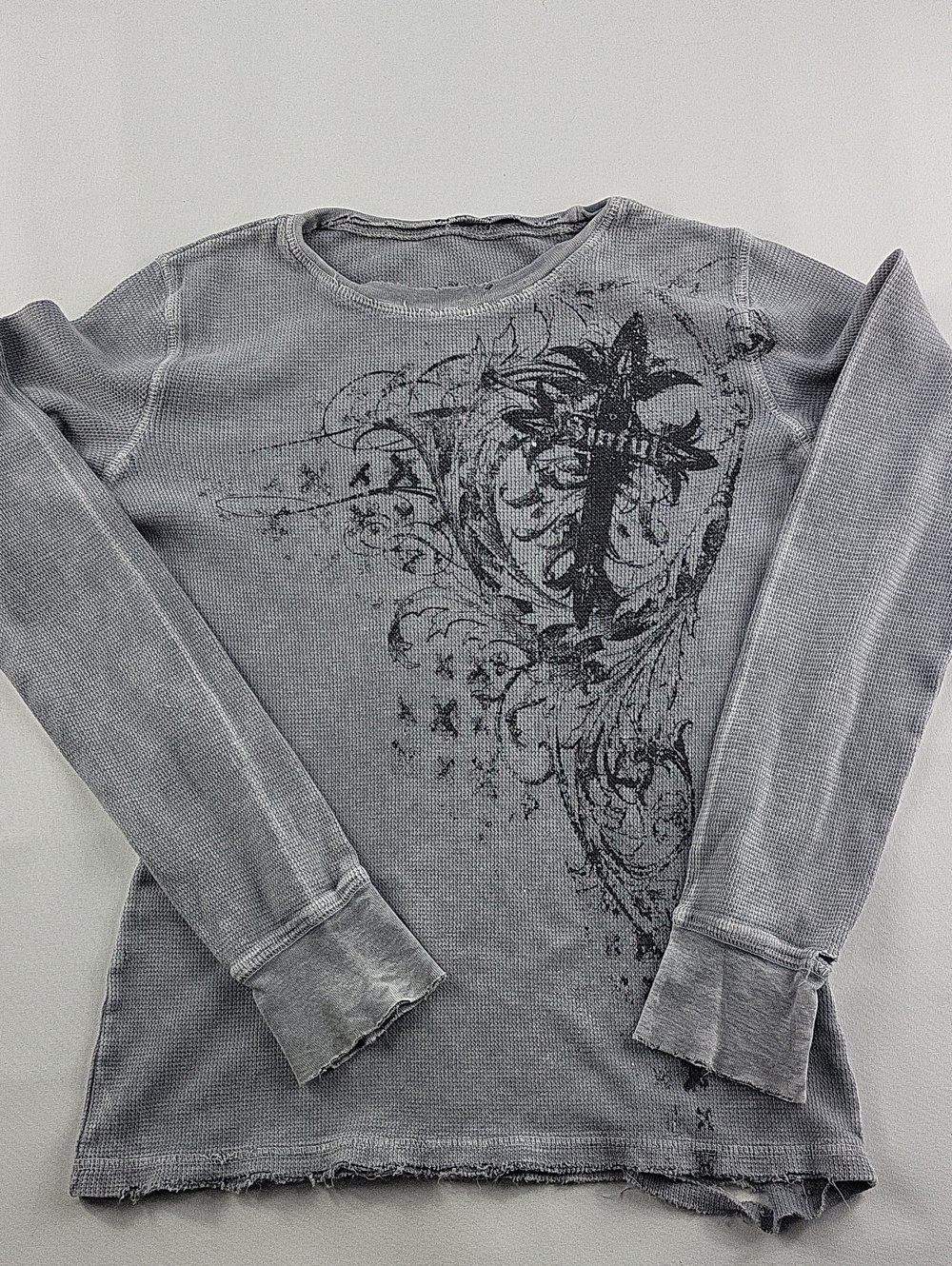 Vintage Sinful by Affliction Distressed Waffle Knit Thermal Long Sleeve Shirt